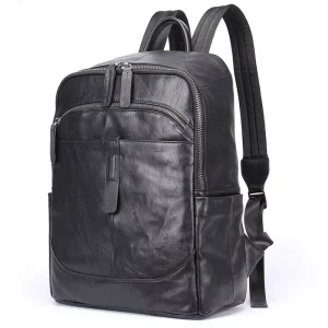 Fashion Men Backpack Genuine Leather Black Laptop Bag for Men Casual Travel Backpack