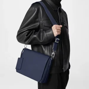 Fashion Men Messenger Bags Custom Logo Navy Blue Genuine Leather Sports Crossbody Messenger Bags for Men