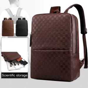 Fashion Men’s Black PU Leather Laptop Backpack Waterproof Zipper Polyester Letter Travel Computer Book College