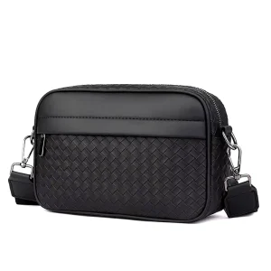 Fashion Men’s Casual Woven Shoulder Messenger Bag PU Leather Crossbody Bag