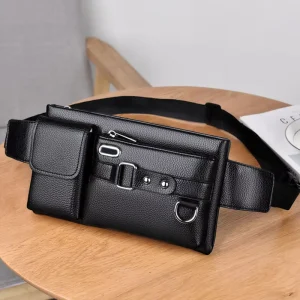 Fashion Men’s PU Leather Zipper Closure Outdoor Use Crossbody Waist Belt Pouch Bag Purse Shoulder Waist Bags Waterproof Fanny