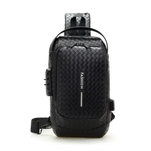 Fashion PU Waterproof Geometric Pattern Anti-Theft Chest Bag with USB Men’s Outdoor Motorcycle Sling Bag with Lock