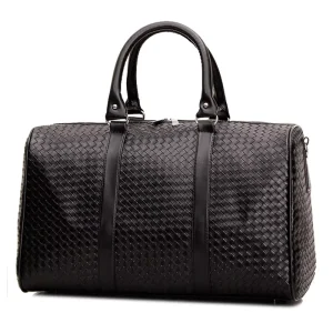 Fashion Travel Bag Large Capacity Men Woven Leather Duffel Bag With Shoe Compartment Multi Function Black Weekender Luggage Bag
