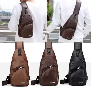 Fashionable Charging Men’s Chest Bag Outdoor Leisure PU Leather Shoulder Briefcase Sling Bag Men