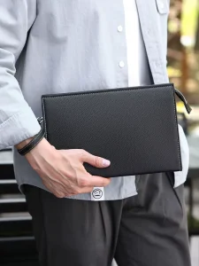 Fashionable PU Men’s Handbag Simple Soft Leather Large Capacity Zipper Envelope Bag Casual Business Handbag