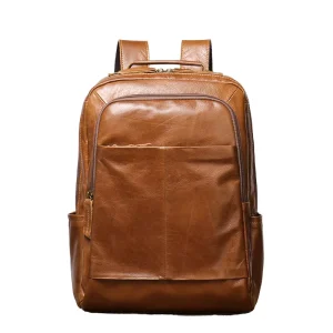 Fashionable and Simple Men’s Genuine Leather Backpack Women’s Top Grain Cowhide College Style Laptop Bag with Large Capacity
