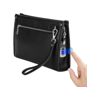 Fingerprint Lock Genuine Cow Leather Businessmen Privacy Keeper Handbag Fingerprint Smart System Chargeable Men’s Clutch Bag