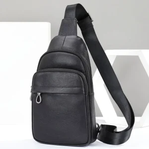First Layer Cowhide Men’s Chest Bag Outdoor Leisure Messenger Bag Fashion Multi Functional Leather Bag with Zipper