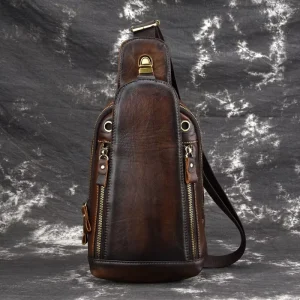 First Layer Cowhide Retro Men’s Chest Bag Leather Single Shoulder Crossbody Bag Leisure Handmade Men’s Shoulder Bag