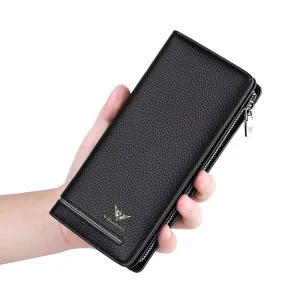 For Genuine Leather Long Zip RFID Blocking Wallet with Logo Men’s Business Clutch Phone Bag