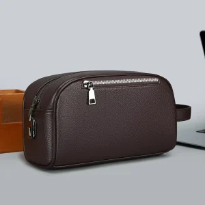 Foreign Trade Men’s Trendy PU Handbag Large Capacity Mobile Phone Wallet Storage Bag with Polyester Lining Breathable Design