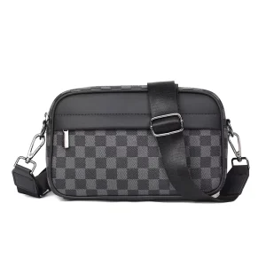 Fuliya Custom Logo Brand Black Plaid PU Leather Casual Small Square Sling Shoulder Bags Luxury Business CrossBody Bag for Men