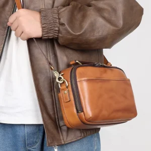 Full Grain Leather Messenger Bag Real Cowhide Brown Genuine Leather Sling Shoulder Crossbody Bag