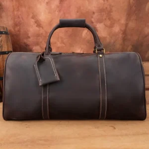 Full Grain Leather Travel Bag Men’s Duffle With Zipper Closure For Weekend Overnight Luggage Genuine Leather Travel Bags