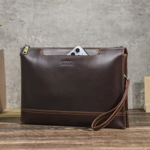 Full Grain Pull Up Genuine Leather Laptop Portfolio Bag for 14″ MacBook Men Multi Zip Flat Portfolio Bag for Business Work