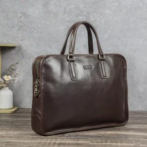 Full Grain Pull-up Leather Briefcase Men’s 16″ Laptop Bag With Snap Fastener Business Work Bag Cotton Canvas Lining