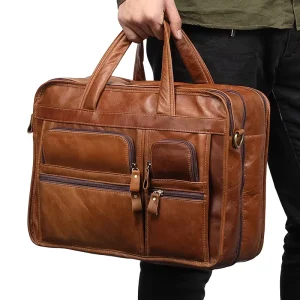 Genuine Cow Leather Casual Retro Men’s 15.6 inch Briefcase Handbag Business Tote Bag Fashion Shoulder Messenger Men Bags