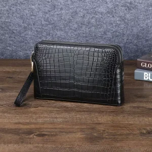 Genuine Cowhide Crocodile Belly Pattern Large Men’s Clutch Handbag Combination Lock Double Zipper Multi Functional Business