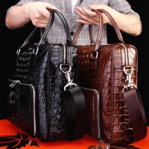 Genuine Cowhide Crocodile Embossed Men’s Briefcase Laptop Business Bag Multi Functional Commute Leather Bag