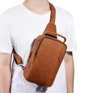 Genuine Cowhide Leather Men Cross Body Sling Shoulder Brown Crazy Horse Leather Crossbody Bag Chest Bag