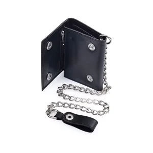 Genuine Leather Anti-Theft RFID Blocking Short Biker Money Bag with Chain Men’s Wallet Polyester Lining