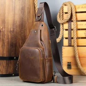 Genuine Leather Crazy Horse Chest Sling Bag Single Shoulder Cross Body Backpack With Earphone Hole For Men