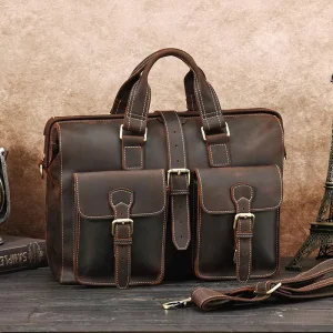 Genuine Leather Crazy Horse Grain Briefcase Large-Capacity Vintage Shoulder Bag Laptop Briefcase Travel Business Men’s Handbag
