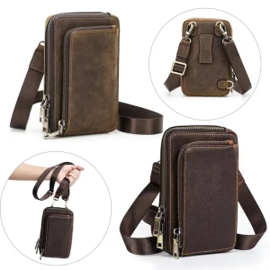 Genuine Leather Durable Crossbody Phone Bag For Men Vintage Crazy Horse Waist Bag Pouch With Belt Loop Portable Shoulder Bag