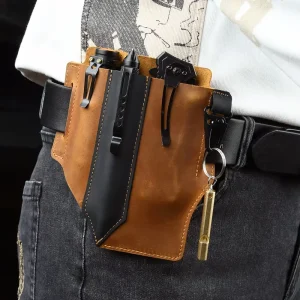 Genuine Leather Durable EDC Tactical Waist Bag with Flashlight Pen Storage Knife Sheath String Closure for Men’s Outdoor Sports