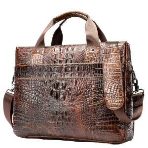 Genuine Leather Durable Soft Men’s Business Briefcase Laptop Handbag Croc Print Stylish Shoulder Crossbody Bag