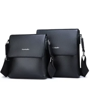 Genuine Leather Fashion Men’s Shoulder Messenger Bag with Zipper Closure Logo Detail and Polyester Lining