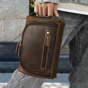 Genuine Leather Men’s Bag with Soft Handle and Zipper Closure Small Capacity Vintage Style Wear Resistance for Leisure Travel
