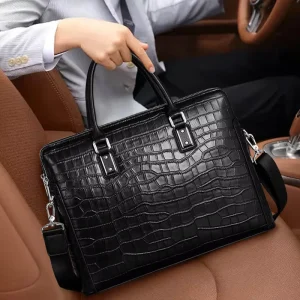 Genuine Leather Men’s Briefcase Minimalist Large Capacity Crocodile Pattern Cowhide Laptop Handbag Custom Logo Decoration