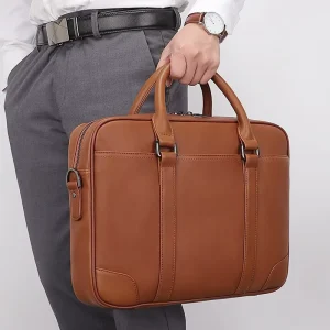 Genuine Leather Men’s Briefcase Tree Lamb Skin Cowhide Vintage Zipper Closure Polyester Lining Large Capacity Crossbody Business