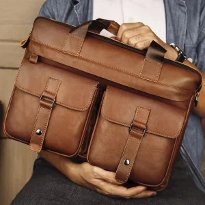 Genuine Leather Men’s Business 156″ Luxury Hard Briefcase Zipper Closure Large Capacity Multifunctional Laptop Bag