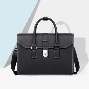 Genuine Leather Men’s Business Briefcase & Handbag Large Capacity Computer Bag with Polyester Lining Anti Theft Design
