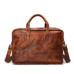 Genuine Leather Men’s Business Briefcase Retro Handmade Shoulder Crossbody Computer Bag Large Capacity Multifunctional Handbag