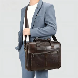 Genuine Leather Mens Business Briefcase Work Trips 15 Inch Large Capacity Laptop Bag Handbag Poly Cotton