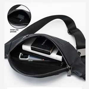 Genuine Leather Men’s Business Travel Waist Crossbody Bag with String Closure Pillow Shape Large Capacity