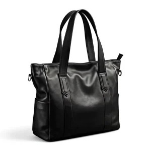 Genuine Leather Men’s Casual Large Capacity Tote Bag Solid Color Polyester Lining Fashionable Handbag