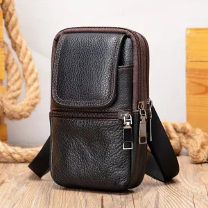Genuine Leather Men’s Casual Waist Bag with Zipper Closure Lightweight Box Shape Trendy Phone Bag