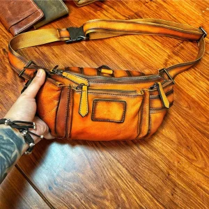 Genuine Leather Men’s Chest Bag High end Retro Brushed Color One shoulder Crossbody Versatile Cowhide Waist Bag