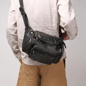 Genuine Leather Men’s Chest Bag Large Capacity Oil Leather Waist Bag Sports Cowhide Crossbody Bag