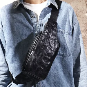 Genuine Leather Men’s Chest Pack Sling Bags Fashionable Crossbody Messenger Handbag for Travel Shoulder Strap Design