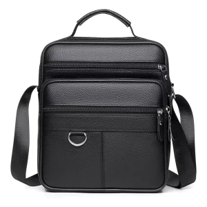 Genuine Leather Men’s Crossbody Handbag Zipper Closure Waterproof Super Lightweight Burden Reduction Large Capacity Polyester