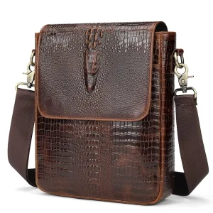 Genuine Leather Men’s Crossbody Shoulder Bag Vintage Crocodile Grain Casual Stylish First-Layer Cowhide Outdoor Sports Polyester
