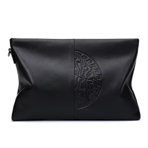 Genuine Leather Men’s Fashion Handbag with Zipper Closure Logo Embossed Design Card Money Phone Purse Clutch Envelope Wallet