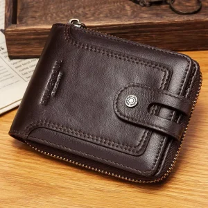 Genuine Leather Men’s Vintage RFID Blocking Card Holder, Multifunction Storage Bag, Coin Purse, ID Window, Hasp