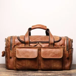 Genuine Leather Overnight Bag Hand Luggage Carry-on Wide Handle for Short Business Trip Weekend Travel