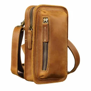 Genuine Leather Retro Men’s Waist Bag Durable High Quality Multifunctional Crazy Horse Crossbody Phone Pouch Belt Loop for